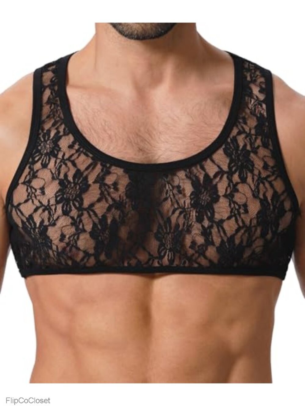 Men's Lace Muscle Tank Floral Crop Top Sheer Mesh Vest